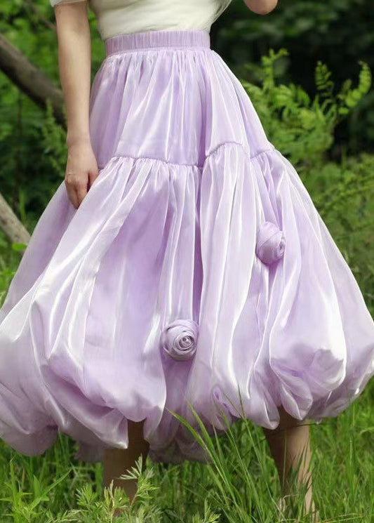 Floral Purple Solid Elastic Waist Silk Skirts Summer