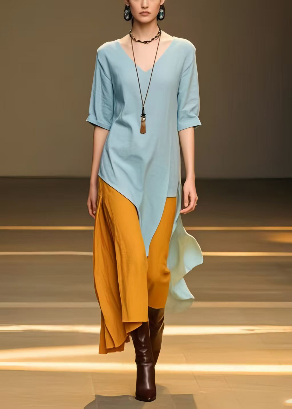 Plus Size Sky Blue Asymmetrical Patchwork Cotton Long Dress Summer