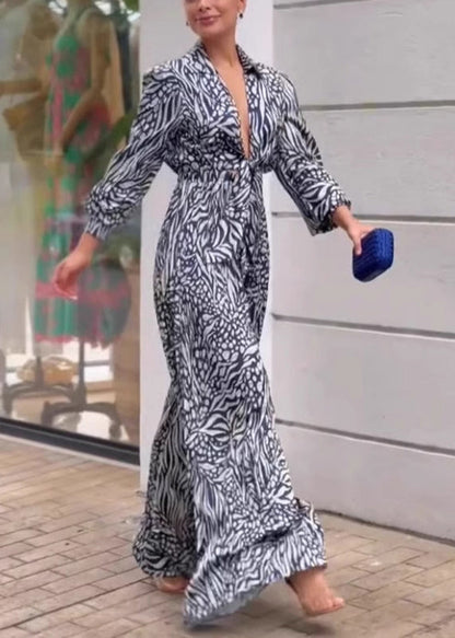 Sexy V Neck Print Wide Leg Jumpsuit Spring