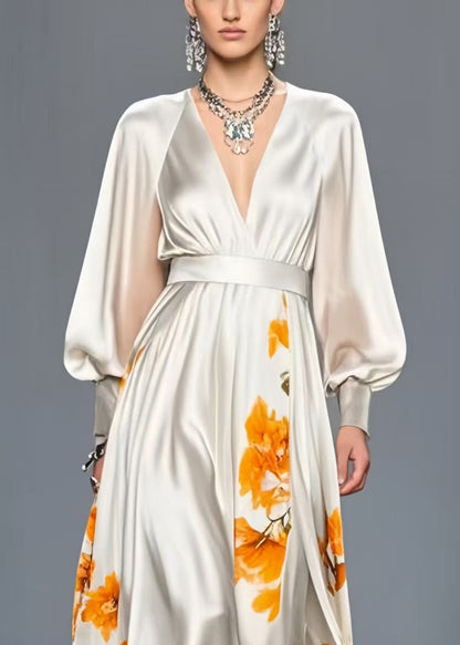 Elegant White V Neck Print Silk Cinched Dress Spring