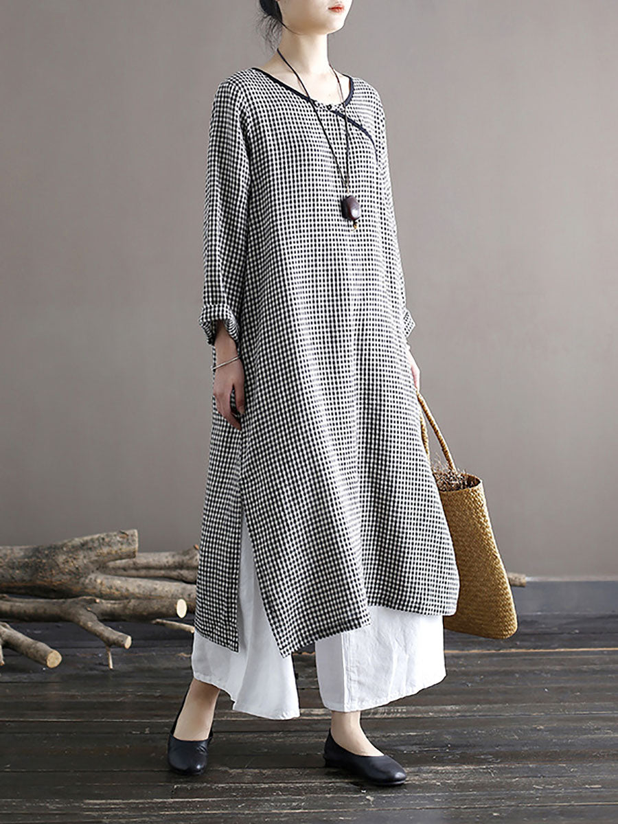 Women Spring National Vintage Plaid Split Hem Dress