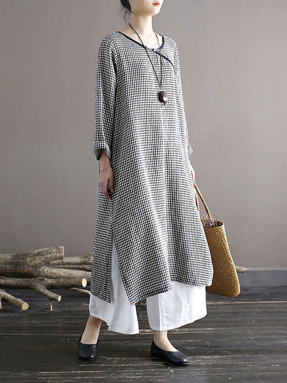 Women Spring National Vintage Plaid Split Hem Dress