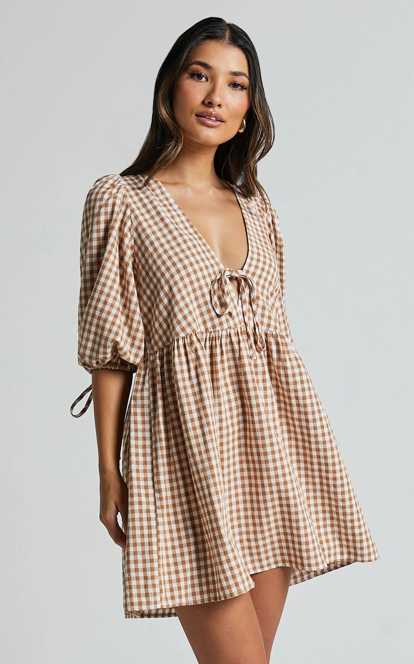 Rosita Mini Dress - Tie Front Puff Sleeve Dress in Caramel & White Gingham