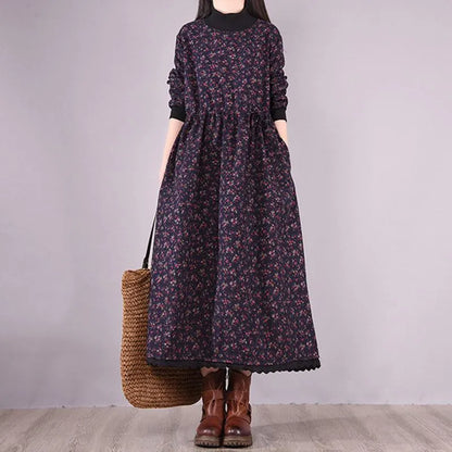 Winter Korean Style High-neck Plush Floral Dress