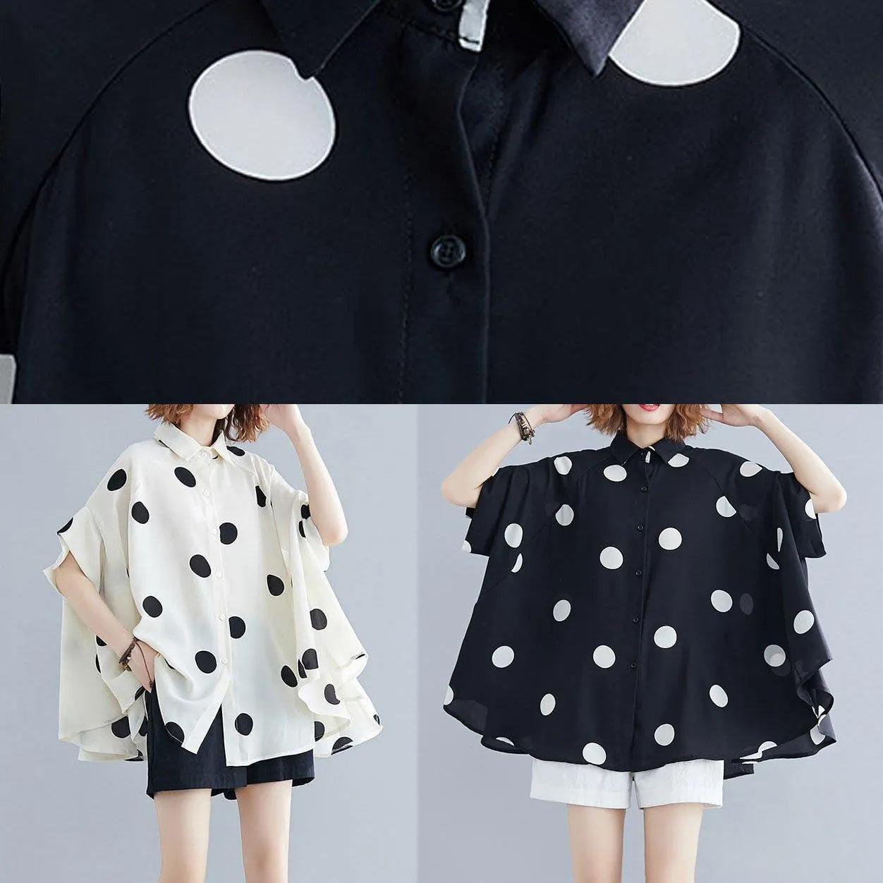 diy black dotted clothes For Women lapel Ruffles top