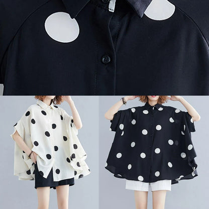 diy black dotted clothes For Women lapel Ruffles top