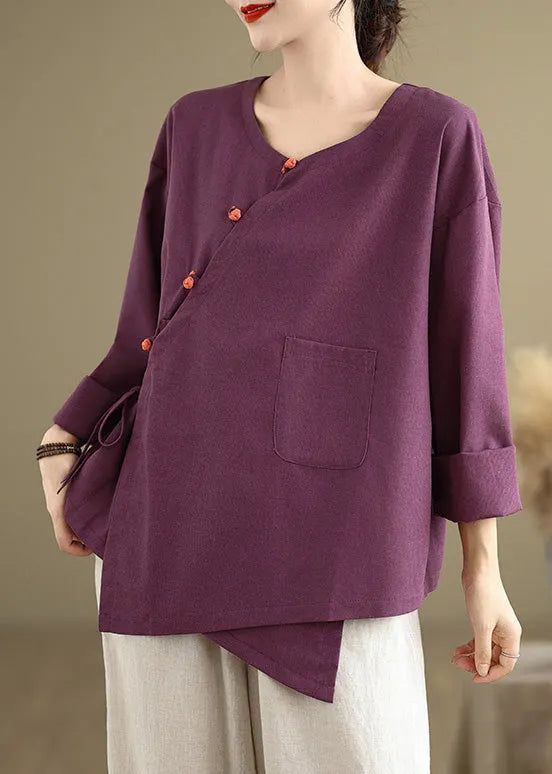 Vintage Purple Oversized Tie Waist Linen Shirts Spring