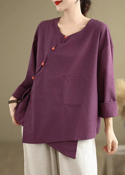 Vintage Purple Oversized Tie Waist Linen Shirts Spring