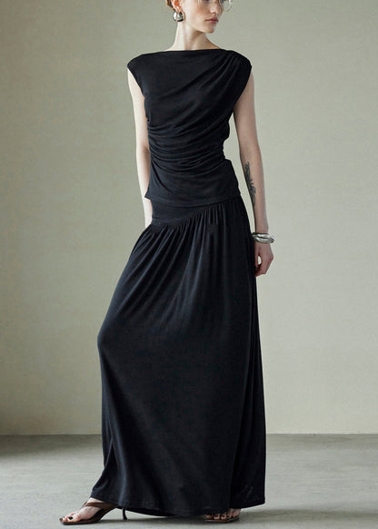 New Black Wrinkled Solid Silk Cotton Two Piece Set Sleeveless