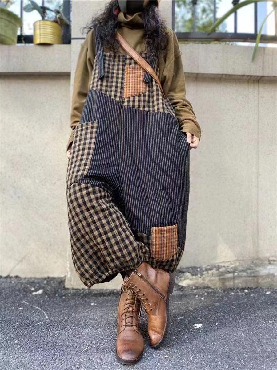 Women Plaid Thick Baggy Vintage Overalls Jumpsuit