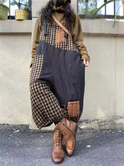 Women Plaid Thick Baggy Vintage Overalls Jumpsuit