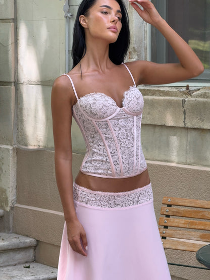 Pink Lace Corset Cami & High-Waisted Midi Skirt Set