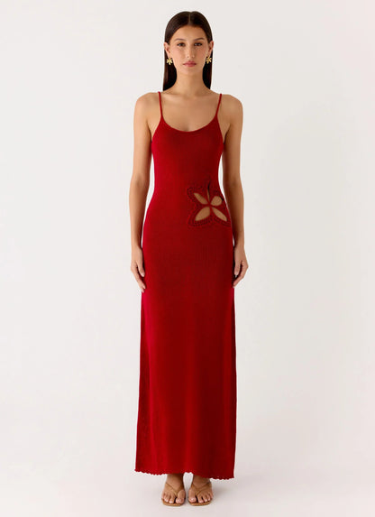 Palm Breeze Flower Crochet Maxi Dress - Burnt Red