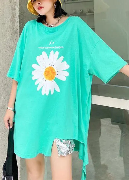 French o neck asymmetric cotton blouses for women green daisy blouses