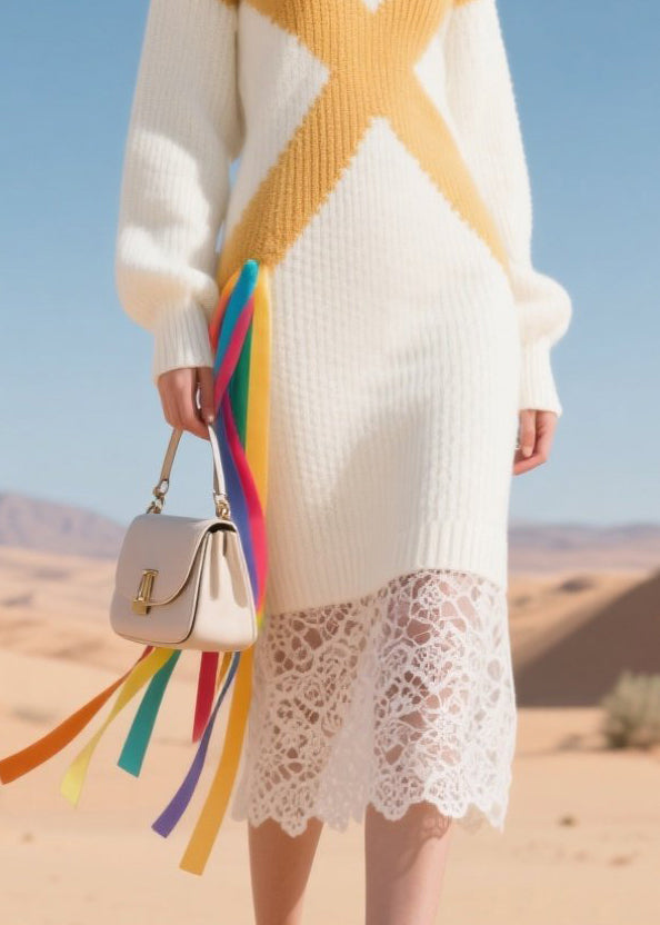 Boho White Lace Patchwork Warm Knitwear Dress Winter