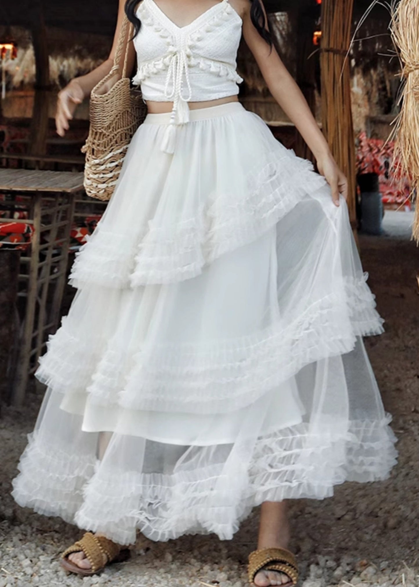 White Elastic Waist Solid Tulle Summer Maxi Skirts Ruffled