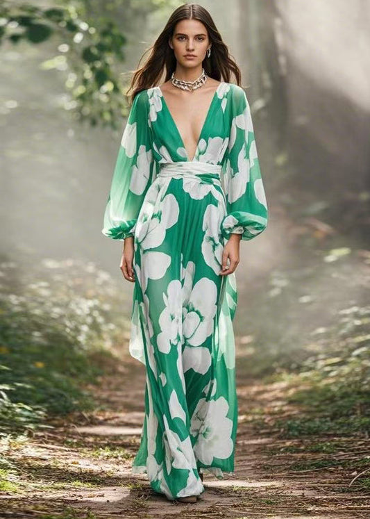 Women Green V Neck Print Chiffon Maxi Dress Spring