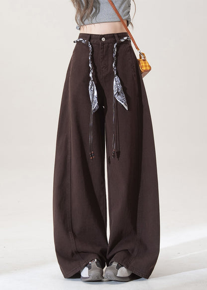 French Chocolate Pockets High Waist Denim Straight Pants Fall