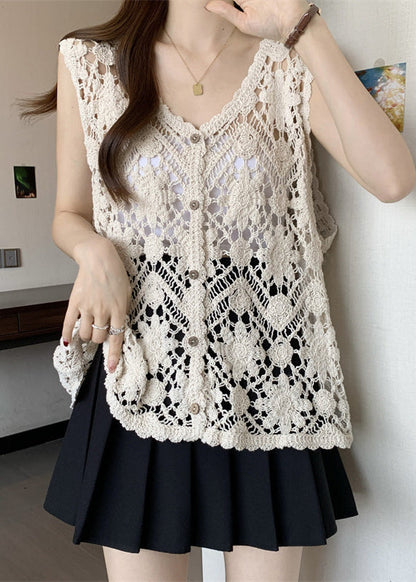 Chic Apricot V Neck Hollow Out Knit Vest Sleeveless