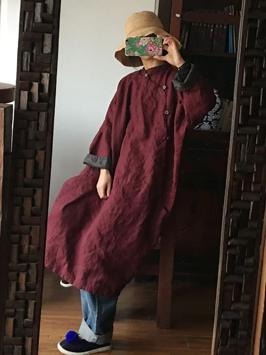 Women Vintage 100%Linen Solid Embroidery Button Dress