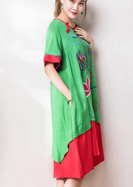 Beautiful o neck patchwork cotton linen quilting dresses Inspiration green embroidery Dress summer
