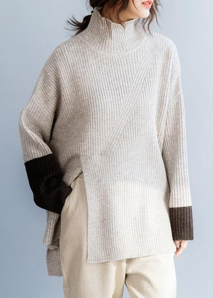 For  beige knitted top plus size high neck knit wear front open