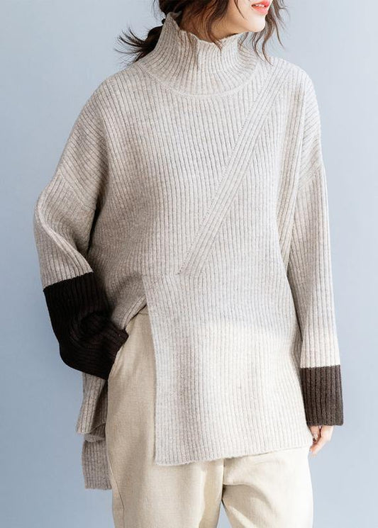 For  beige knitted top plus size high neck knit wear front open