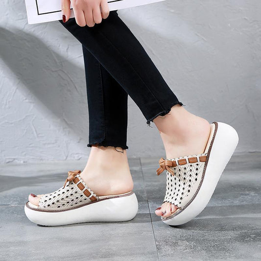 Leather Vintage Hollow Out Wedge Women Casual Slippers