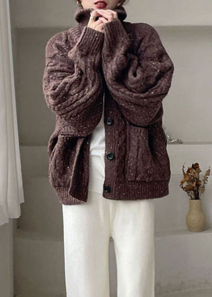 Fashion Coffee Peter Pan Collar Button Knit Winter Coat
