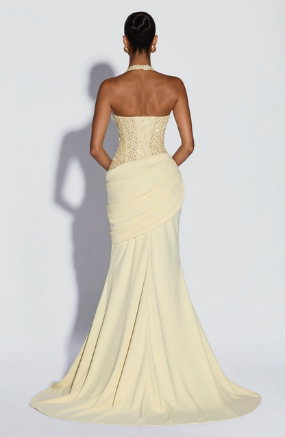 Luxury Champagne Gold Sequin Halter Backless Mermaid Evening Gown | Waist-Cinching Slimming Elegant Long Wedding Guest Dress