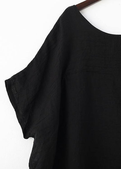 French o neck asymmetric cotton summer dress Sewing black Dresses