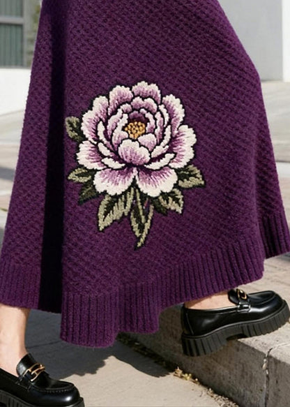 Italian Purple Floral High Waist Knit Skirt Winter