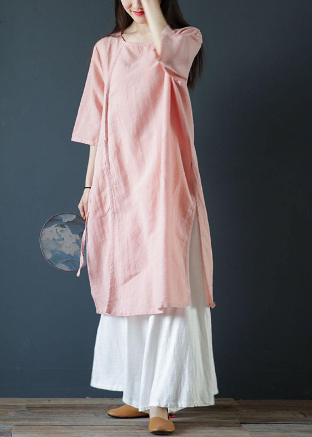 Classy o neck side open linen dress design light print Dresses
