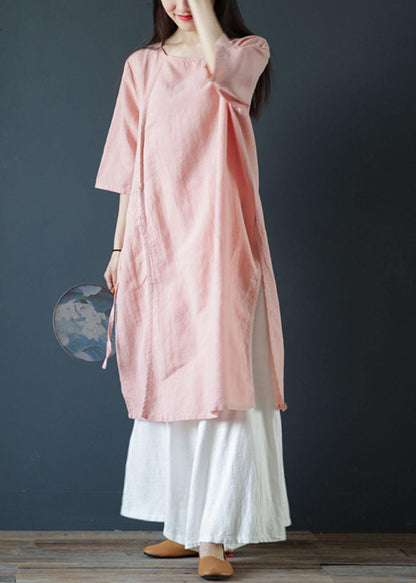 Classy o neck side open linen dress design light print Dresses