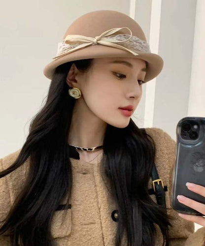 Elegant White Bow Lace Woolen Bucket Hat