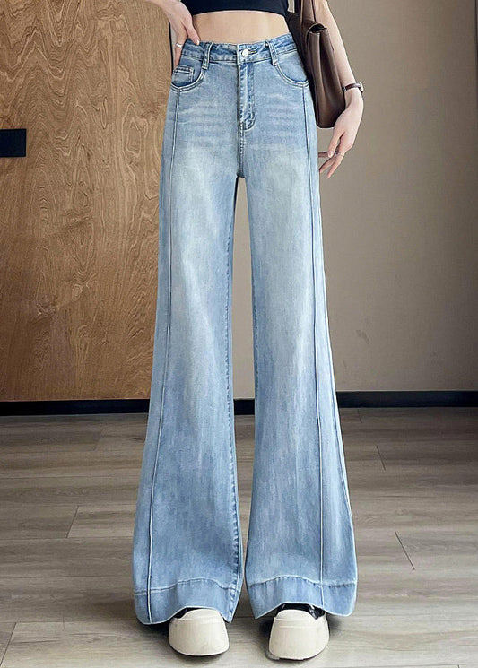 Women Light Blue Pockets Patchwork Denim Pants Fall