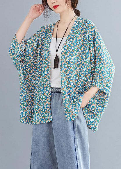French v neck Batwing Sleeve Blouse Shirts blue floral blouse