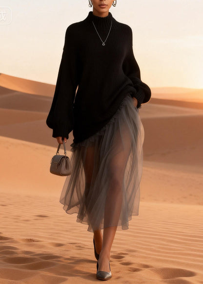 Women Black Turtleneck Knitted Cotton Patchwork Tulle Long Dresses Spring