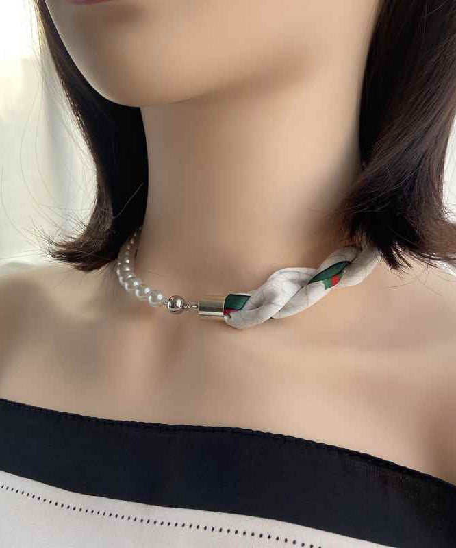 Modern Coffee Print Stainless Steel Scarf Patchwork Pearl Necklace