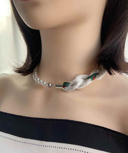 Modern Coffee Print Stainless Steel Scarf Patchwork Pearl Necklace