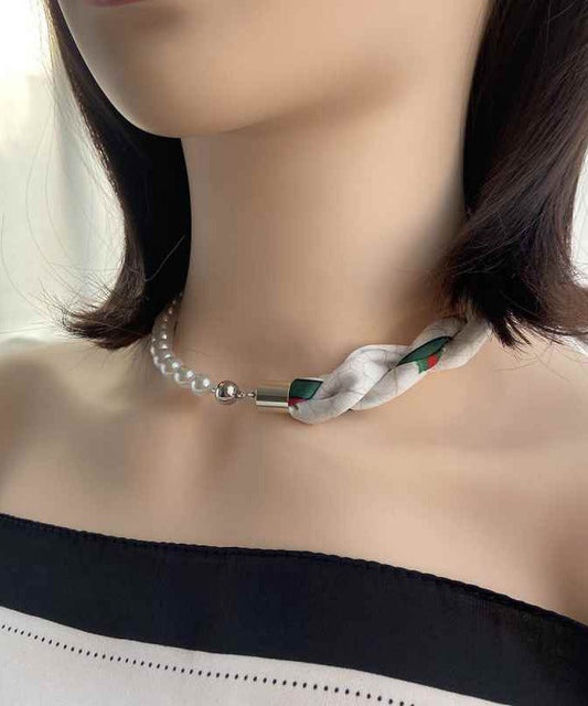 Modern Coffee Print Stainless Steel Scarf Patchwork Pearl Necklace