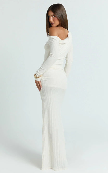 Faith Maxi Dress - Off Shoulder Long Sleeve Maxi Dress In Cream