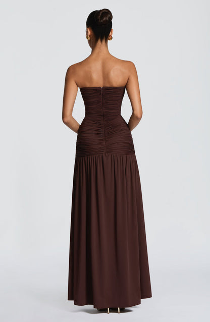 Deep V-Neck Ruched Paneled High Slit Strapless Maxi Dress