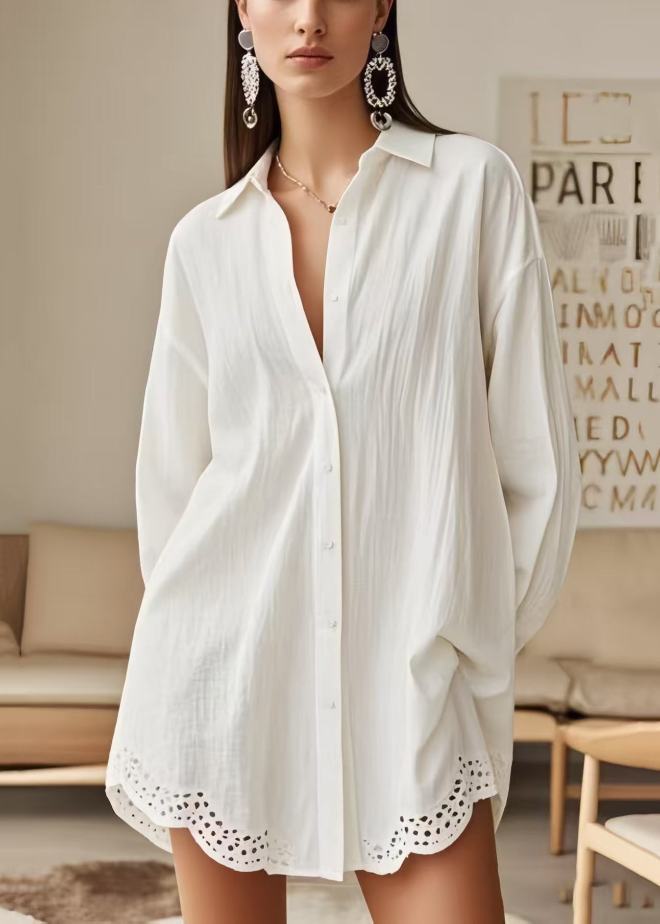 DIY White Oversized Patchwork Lace Long Shirts Spring