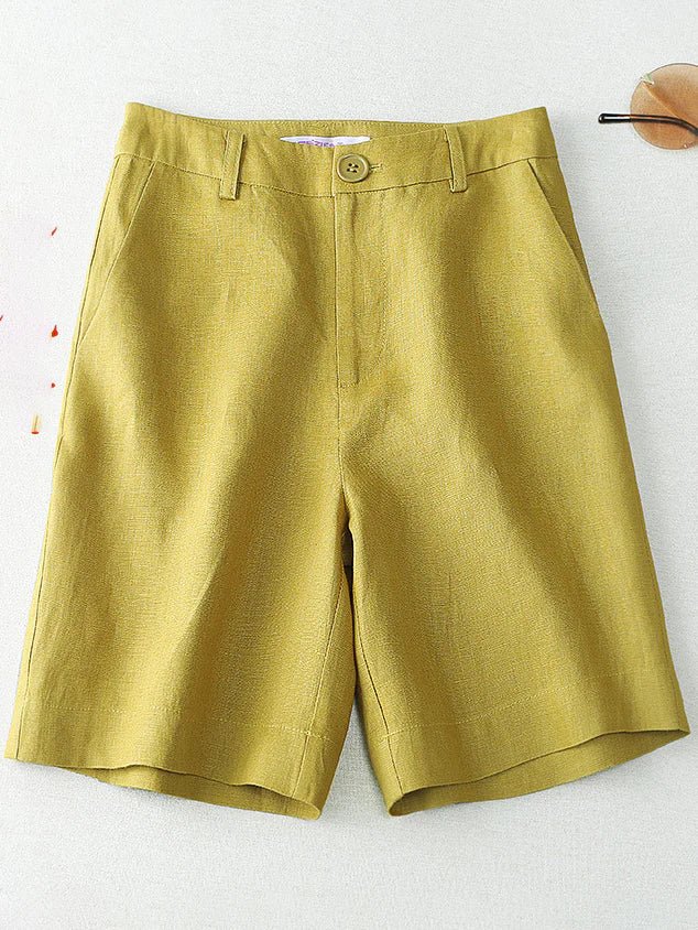 Solid Color Mid-waistline Casual Linen Wide Leg Shorts