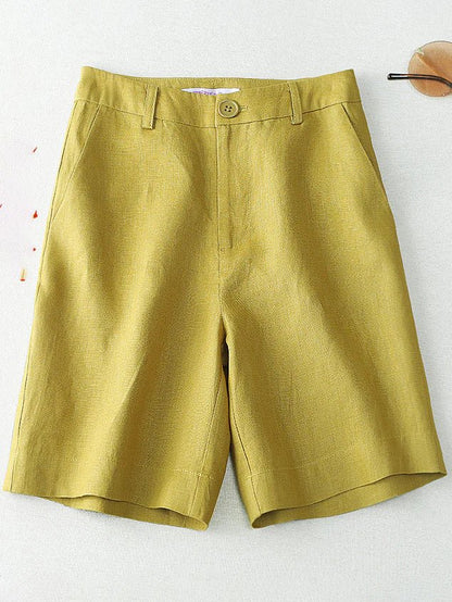 Solid Color Mid-waistline Casual Linen Wide Leg Shorts