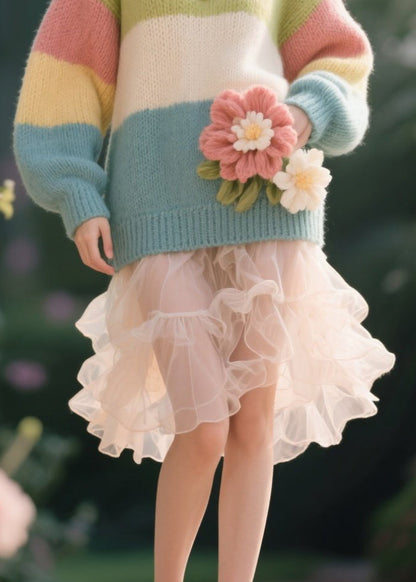 Original Design Colorblock O Neck Floral Knit Pullover Fall