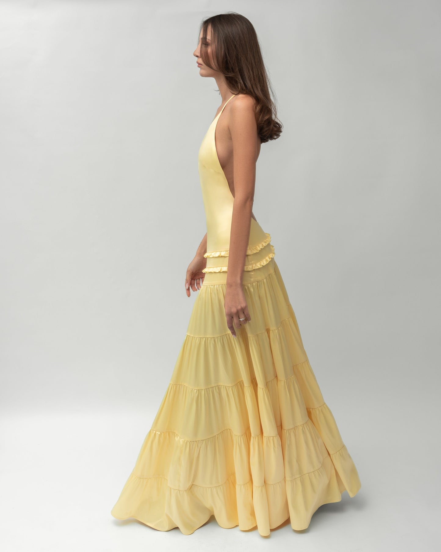 One-Shoulder Open-Back Satin Tiered Maxi Dress
