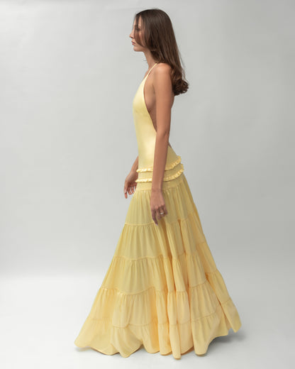One-Shoulder Open-Back Satin Tiered Maxi Dress