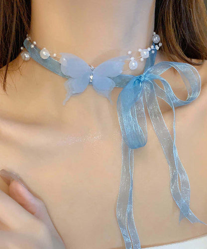 Cute Pink Tulle Pearl Zircon Butterfly Princess Necklace
